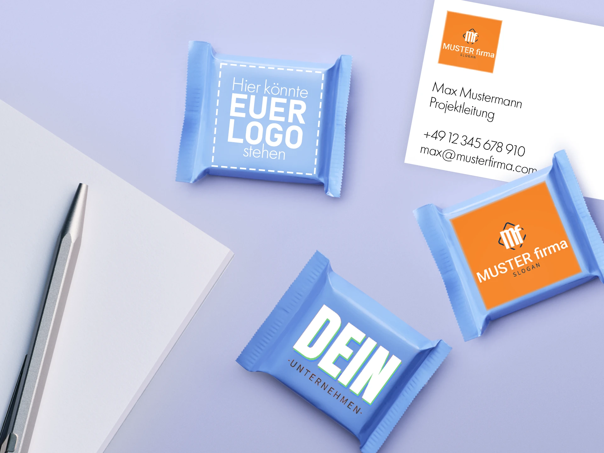 Schokolade mit Logo – individuelle Ritter Sport Tafeln für dein Business Notizblock, Visitenkarte und personalisierte Schokolade für Geschäftskunden.