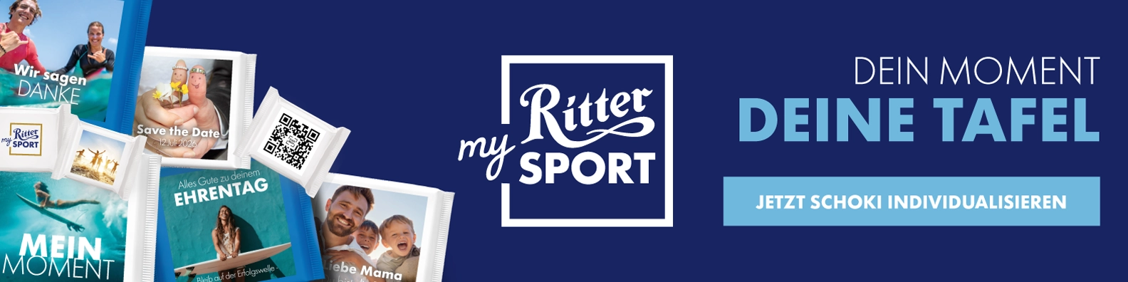 myRitterSport Werbebanner mit personalisierbarer Ritter Sport Schokolade, individuellen Fotoverpackungen und Schokoladenstücken, Logo und Website myRitterSport.com