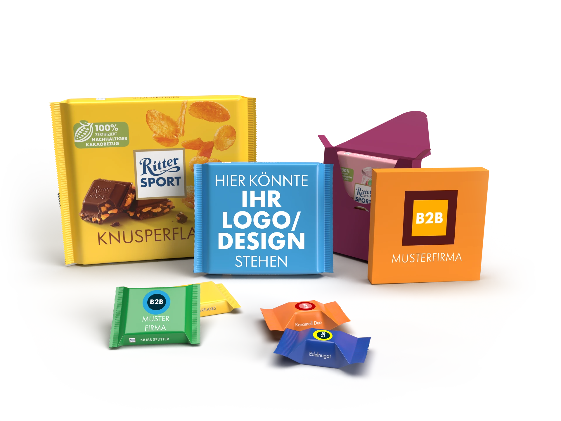 Schokolade mit Logo – individuelle Ritter Sport Tafeln für dein Business Ritter Sport B2B-Angebote mit individuell gestaltbaren Schokoladentafeln für Firmenkunden